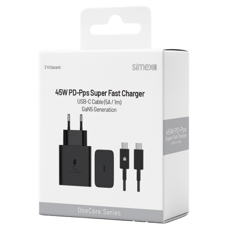 Simex SPS-18 45w PD Şarj Cihazı ve Type-C Kablo Şarj Seti I Siyah
