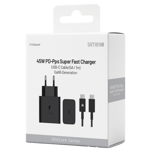 Simex SPS-18 45w PD Şarj Cihazı ve Type-C Kablo Şarj Seti I Siyah